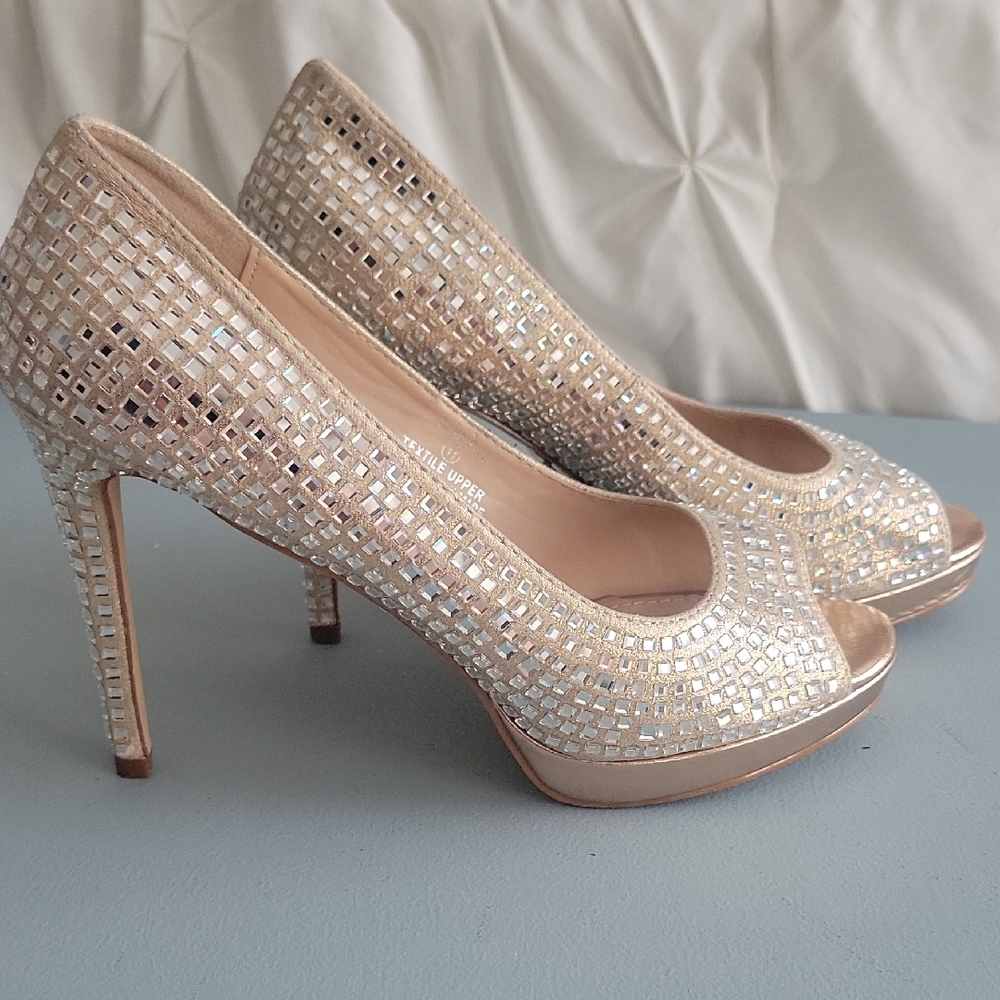 Lauren Lorraine Glittering Gold Peep-Toe Heels